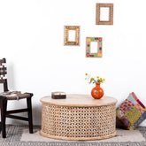 Bristol Hand Carved Indian Solid Wood Round Coffee Table With Jali (Brown Distress)